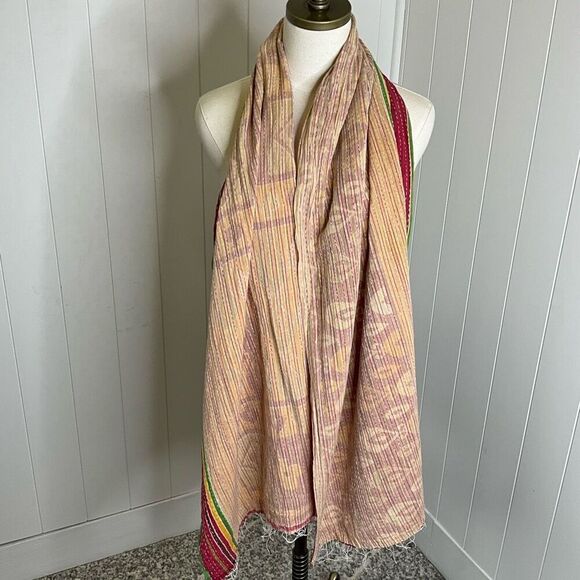 Handmade Reversible Scarf Made From Recycled Saris Red Orange Tan Mixed Media - Picture 2 of 6